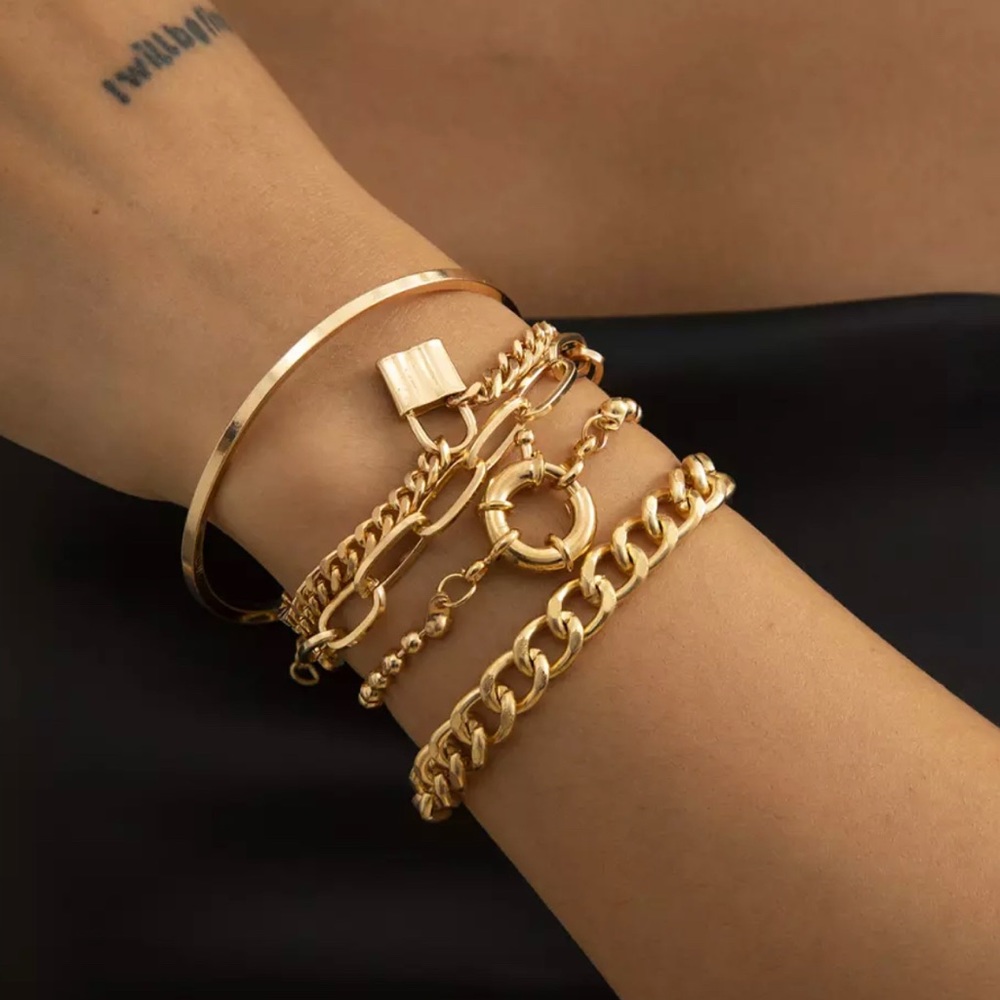 Gold Chunky Punk Cuban Chain Bracelets Set of 5